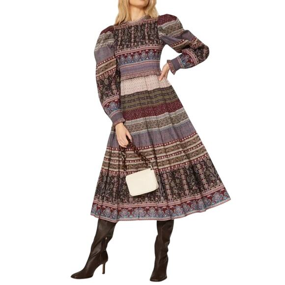 Sea New York Brooke Border Mixed Print Midi Dress Size 6 - Picture 1 of 9